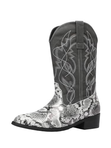 Image of Men's cowboy boots round toe boots embroidered with traditional Western country artificial snakeskin pattern