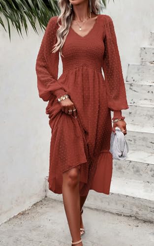 PRETTYGARDEN Women's Fall Dresses 2025 Long Sleeve V Neck Swiss Dot Empire Waist Chiffon Dress Ruffle Smocked Midi Dresses4
