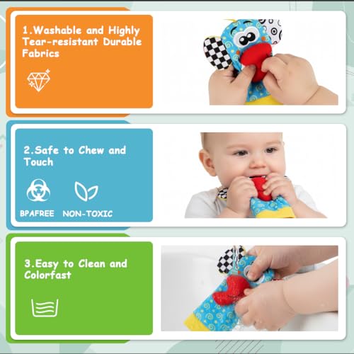 Image of SNOWIE SOFT Rattle Set for Babies 0-6 Months, Baby Socks and Wristband Rattle Toy Set, Cartoon Fun Cotton Sock with Cartoon Plush Rattles Toy for Newborn Baby Gift