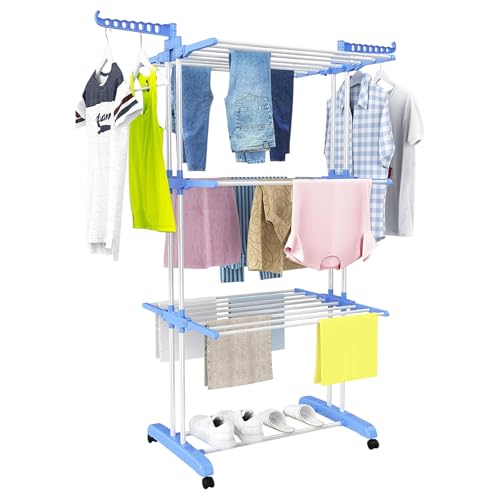 Mi Ko Mi Ka Tendedero Plegable de Acero Inoxidable para Ropa, 4 Niveles con Alas Laterales, 6 Bandejas Retráctiles, 35 kg de Capacidad, 4 Ruedas 360° y Diseño Plegable para Ahorrar Espacio (Azul)