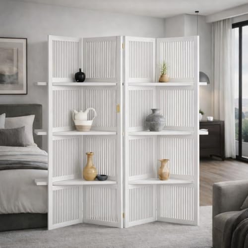 Image of Wooden Partition Divider for Living Room, Partition Wall, Privacy Divider, Freestanding Folding Panels for (6 Feet 4 Panel with 3 Shelve) (6 Feet 4 Panel White with 3 Shelves)