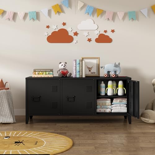 MIOCASA Metal Storage Cabinet,3 Door TV Stand, Metal TV Cabinet with Storage Locker,Low Corner Cabinet with Handles and Shelf for Home,Office（Black - Thumbnail 2