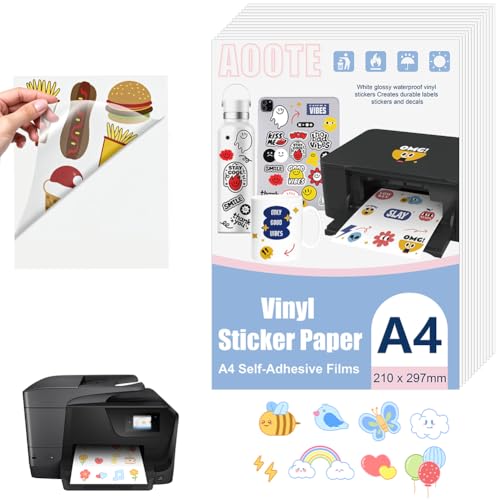 AOOTE Papel Adhesivo de Vinilo Transparente,12 Hojas Vinilo Adhesivo Imprimible A4 Impermeable,A4 Vinilo Imprimible Etiqueta para Impresoras Láser & de Inyección de Tinta,297x210mm