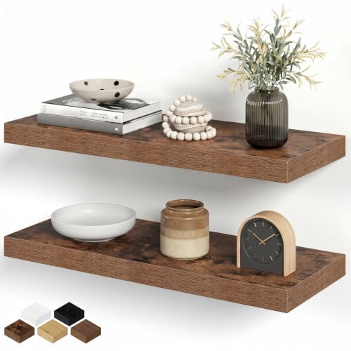 Floating Shelves for Wall, 24 Inch Floating Shelves Set of 2, Wall Mounted Rustic Wood Shelf for Bathroom, Living Room, Bedroom and Kitchen, Hanging Shelf for Storage, Books, Home Decor, Rustic Brown