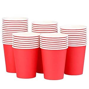 9 Oz Red Paper Cups, 50 Pack. Leak-Proof Drinking Cups for Party, Picnic, Wedding, Travel, Event. Disposable, Hot or Cold Beverage, Eco-Friendly