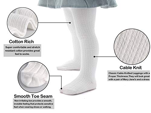 Image of EPEIUS Baby Girl Tights Cable Knit Cotton Seamless Footed Leggings 0-6Y | STAY-UP BABY TIGHTS. High elastic waist, smooth toe. Fits 0-3m newborn, infant & toddler. Ideal for daily wear & dresses.