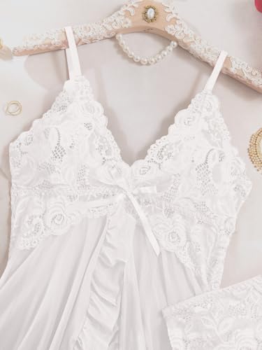 Image of Foxiny Sexy Ruffle Sheer Mesh Lace Wireless Babydoll Lingerie Dress with Thong 2 Piece