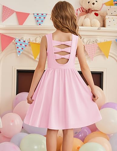 Arshiner Mädchen Kleider Ärmelloses Kinder Zurück Fliege Sommerkleid Baumwolle Elegante Freizeitkleid Festliches Rundhals Swingkleid für Mädchen 7-8 Jahre Rosa