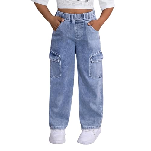 Kids Girls Jeans Elastic High Waist Wide Leg Denim Pants Streetwear Trendy Breathable Preppy Y2k Trousers with Pockets