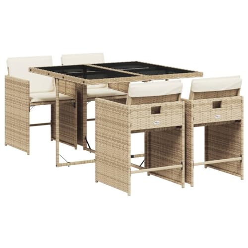 Image of 5-Piece Patio Dining Set with 4 Beige PE Rattan Chairs, Medium Collapsible Design, UV-Resistant Poly Rattan and Powder-Coated Steel Frame, Removable Cushion Covers, Foldable