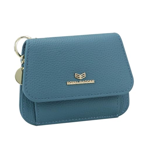 Royal Bagger Multi-card Slots Short Wallet Genuine Cow Leather Credit Card Holder RFID Blocking Coin Purse with Keychain 2443 (Sea Blue)