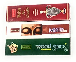 Nandita Acharya Combo of Wood Spice, Dehn Al Oudh, Meditation - Premium Natural Masala Incense - Pack of 6 x 50gm (2 Packs of Each Variety)