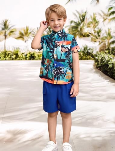 Image of IBTOM CASTLE Boys Hawaiian Button Down Shirts and Short Sets with Bucket Hat Kids Summer Vacation Outfits Tropical Shirt