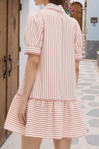 Image of EZAPINE Women Striped Shirt Dress Summer Button Down Collared Short Puff Sleeve Ruffle Hem Casual Flowy Mini Dress