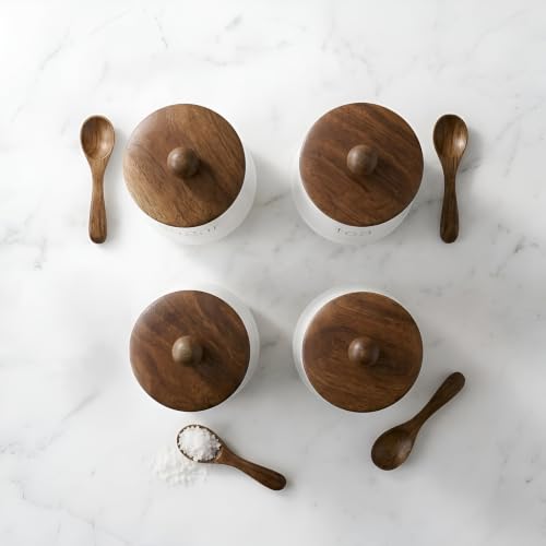 Image of Stylish Airtight Container for Kitchen, Tea Coffee Sugar Salt Storage, Metal with Wooden Lid & Spoon, 1000ml, Canister for Kitchen Counter top | Food-Safe Jar Set-4 (Tea Coffee Sugar & Salt)