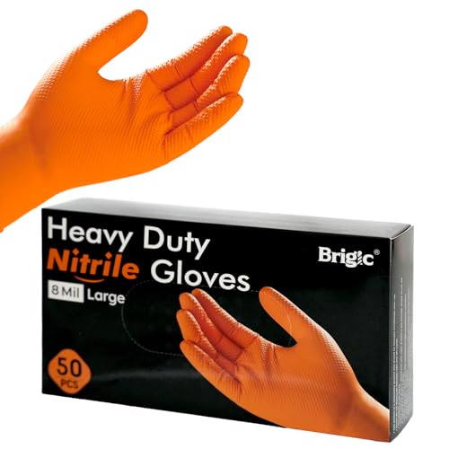 Brigic Orange Disposable Nitrile Gloves, 50/100 Count, Latex-Free, Heavy-Duty for Kitchen, Cleaning & Industrial Use (50, X-Large)