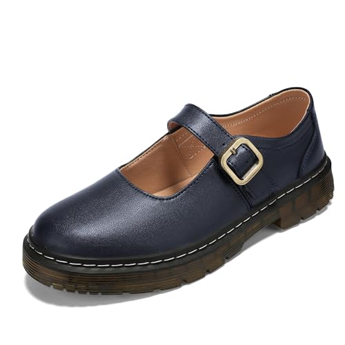 Image of Women's Mary Jane Flat Shoes Comfort Platform Buckle Ankle Strap Flats Breathable Slip On Lightweight Office Work Shoes Navy Blue,8 US