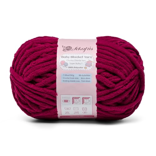 Image of Burgundy 7.05 oz /98.4 yds Chunky Chenille Yarn for Crocheting, #7 Super Bulky Baby Blanket Yarn for Crocheting Soft, Fluffy Velvet Yarn for Knitting, Amigurumi Crochet Yarn for Crafts