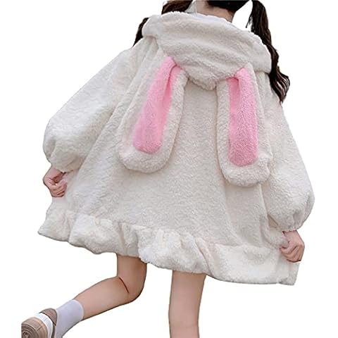 PDYLZWZY Kawaii Anime Cute Bunny Ears with Hood for Women Cute Beautiful Fuzzy Fluffy Lolita Warm Coat Jacket Sweatshirt, White (white A), XL Cover