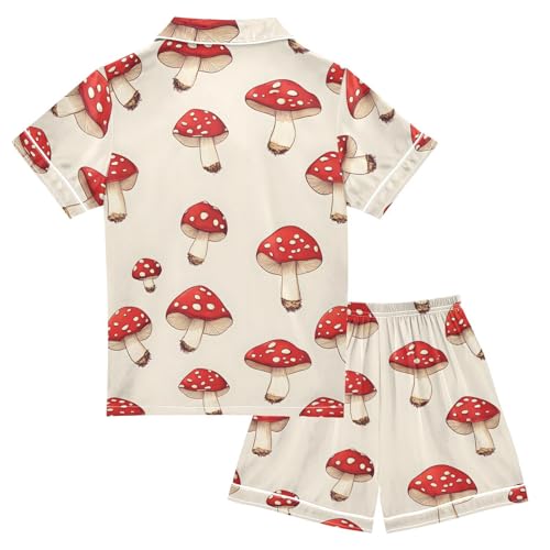 ALAZA Mushroom Red Cartoon Stylish Satin Pajamas Set Short Sleeve Button Down Sleepwear Summer Pjs 2 Piece2