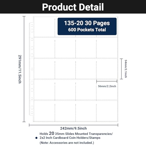 Image of 30 Pack Protective Photo Slide Pages, 35mm Slide Storage Pages, 600 Pockets 2x2 Top Loading Coin Sleeves, Cardboard Coin Holder Sleeves, Stamp Collecting Supplies for 3 Ring Binder