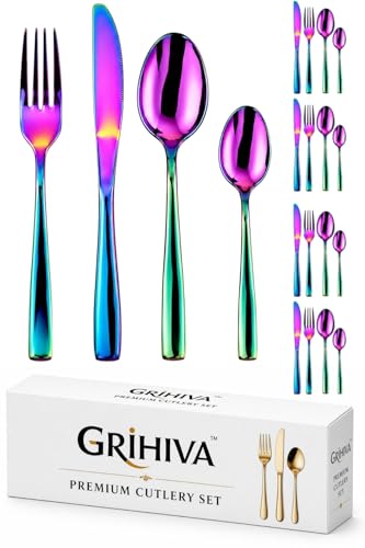 Image of 20 Pcs Rainbow Mirror Polish Stainless Steel Cutlery Set for Dining Table with Spoons and Forks Set + Butterknives - The Perfect Tableware /Flatware