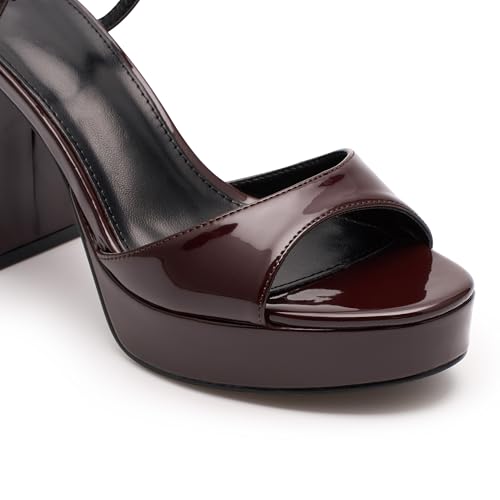 Taytoe Black/Burgundy Platform Chunky Heels for Women, Open Round Toe 4 inch High Heeled Sandals with Buckle Ankle Starp4