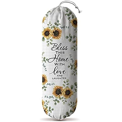Hglian Sunflower Grocery Storage Bag Holder Wall Mount Plastic Dispenser Garbage Shopping Trash Bags Container Organizer Quote Religious Sayings Farmhouse Kitchen Decor Home Blessing, Light Green Cover