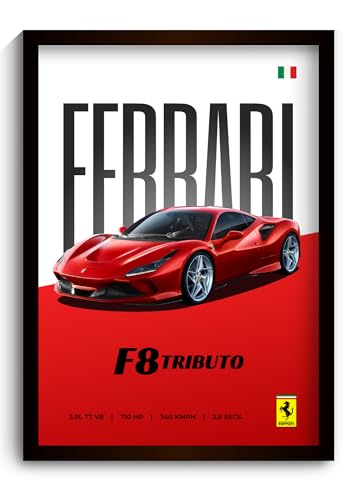 Image of Funk You Store Ferrari Poster | Framed Ferrari F8 Tributo A4 Sized (31 x 23 cm) | Supercar Posters | Car Poster for Wall, Gift for Boys | Car Frames for Wall, Bedroom, Hostel, Study Room (F 012)