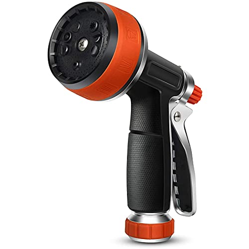Garden Hose Nozzle - Water Hose Spray Nozzle, Aluminum Alloy + Rubber, 10 Sprayers Patterns for Watering Plants, Lawn & Garden, Washing Cars, Showering Pets & Outdoor Fun (Orange)