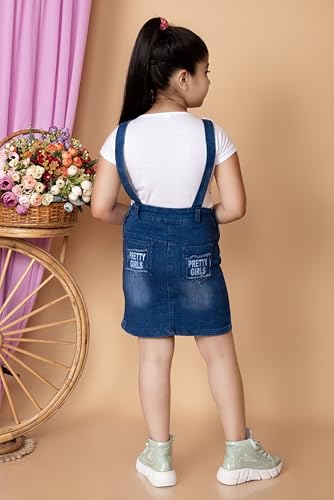Image of Girls Denim Dungaree Knee Length Skirt with Applique Top || Round Neck Half Sleeves || Stylish & Comfortable Outfit