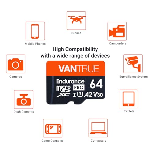 Image of Vantrue 64GB Micro SD Card with Adapter, U3 C10, UHS-I High Speed SD Card for Dash Cams & Home Security System Video Cameras