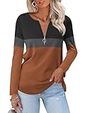 TICTICMISS Women's Long Sleeve Shirts Zipper Color Block V Neck Tunic Tops Casual Blouse