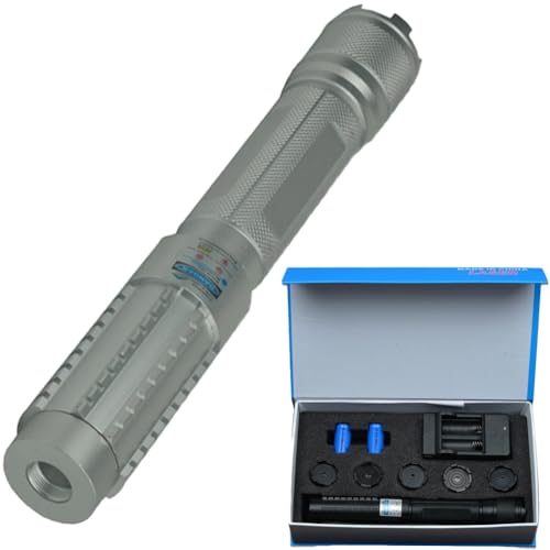 Adjustable High Power Blue Burning Laser, Long Range Flashlight with Adjustable Focus and Multi Patterns for Camping, Hunting, Fishing, Handheld for Hiking Adventures(Silver,Color Gift Box)