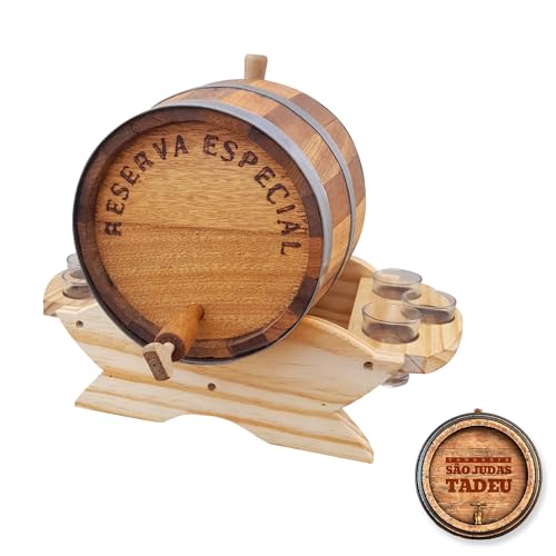 Barril Tonel Corote Carvalho Nacional 5 litros Cachaça Pinga Whisky Vinho Gim Scotch com 6 copos