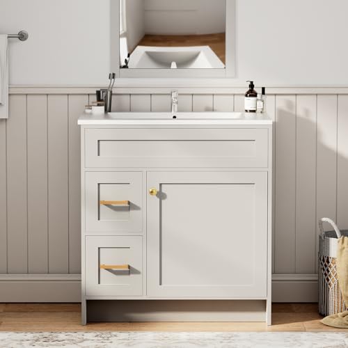 LDarqeer 30 Inch Freestanding Bathroom Vanity with Sink, Shaker Style Grey Cabinet with 2 Drawers & Single Door, Waterproof Lacquer Finish, Space-Saving for Small Bathroom & Apartment