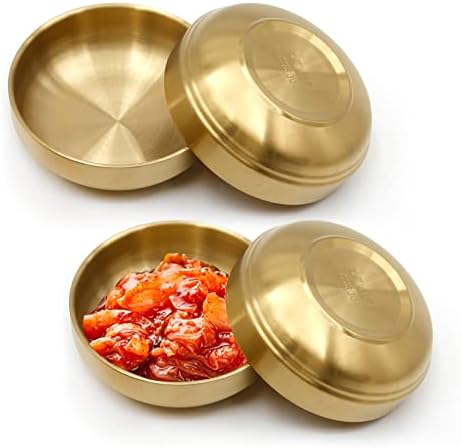 MDEOOSKY 4PCS Large Stainless Steel Sauce Dish 4.7inch Appetizer Plates Double-Deck Plates 4.3oz 304 Stainless Steel Plates for Oil Vinegar Juice Salad Appetizer Side Dish Ketchup (Gold 4.7IN)