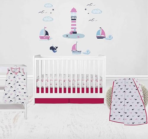 Bacati - 100 Percent Breathable Cotton Muslin 4 Piece Nursery Baby Crib Bedding Set for Girls US Standard Crib (Boats/Whales Pink/Blue/Red)