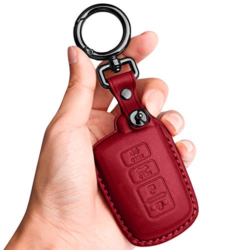 Tukellen for Toyota Key Fob Cover Genuine Leather With Keychain,Leather Key Case Protector Compatible Highlander RAV4 Camry Corolla Avalon Tocoma tundra (only for Keyless go)-Red