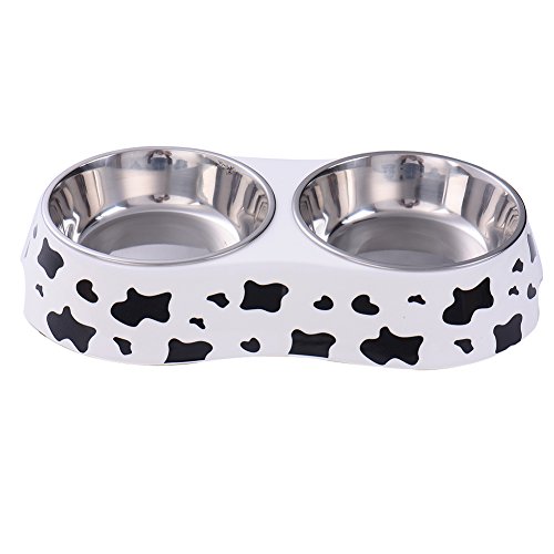 Image of Pet Double Bowl Stainless Steel-Cow Type Pet Elevated Feeder Bowl for Dogs Cats (M (10 * 4.8 * 1.6 in))