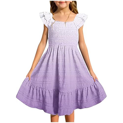 Girls Gradient Color A-Line Elegant Casual Dress Ruffles Sleeve Crew Neck Smocked Knee Length Dresses Flowy Swing Skirts