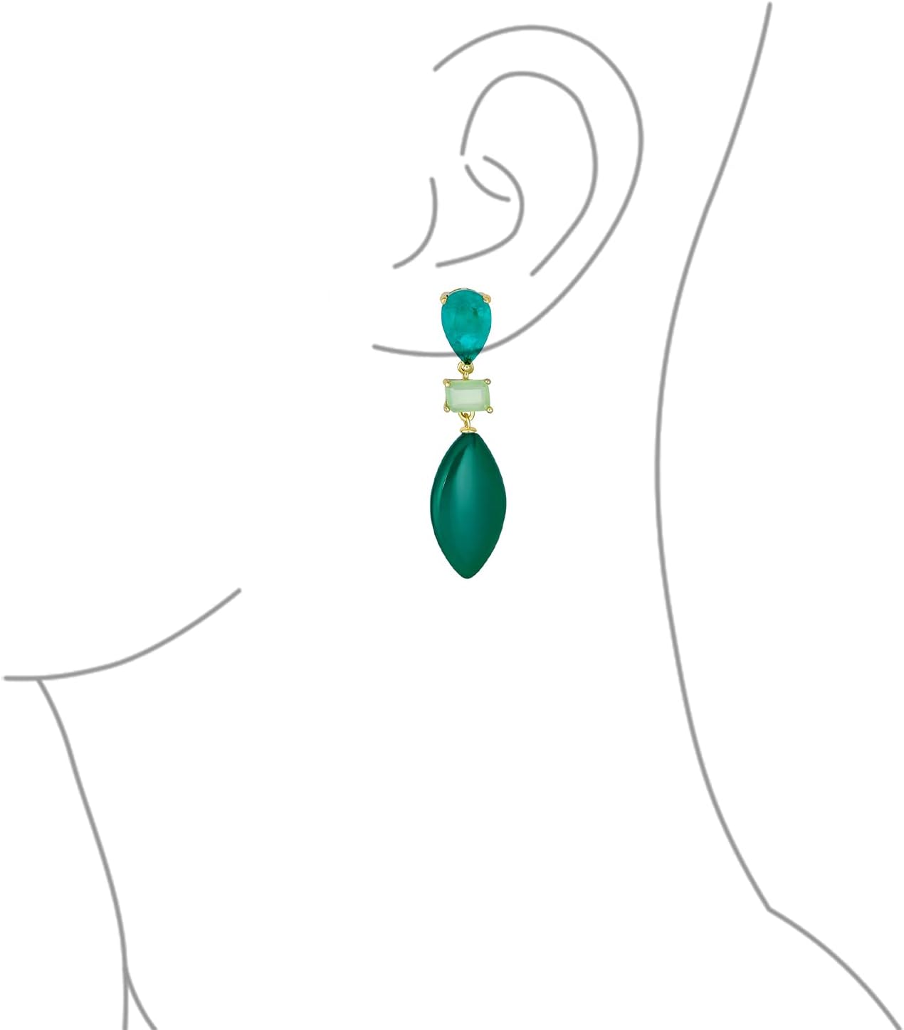 Unique Geometric Linear Black Pink Green Turquoise Rhombus Teardrop Rectangle Multi Shape CZ & Natural 3 Multi-Tier Gemstone Party Dangling Statement Earrings for Women in 14K Yellow Gold Plated