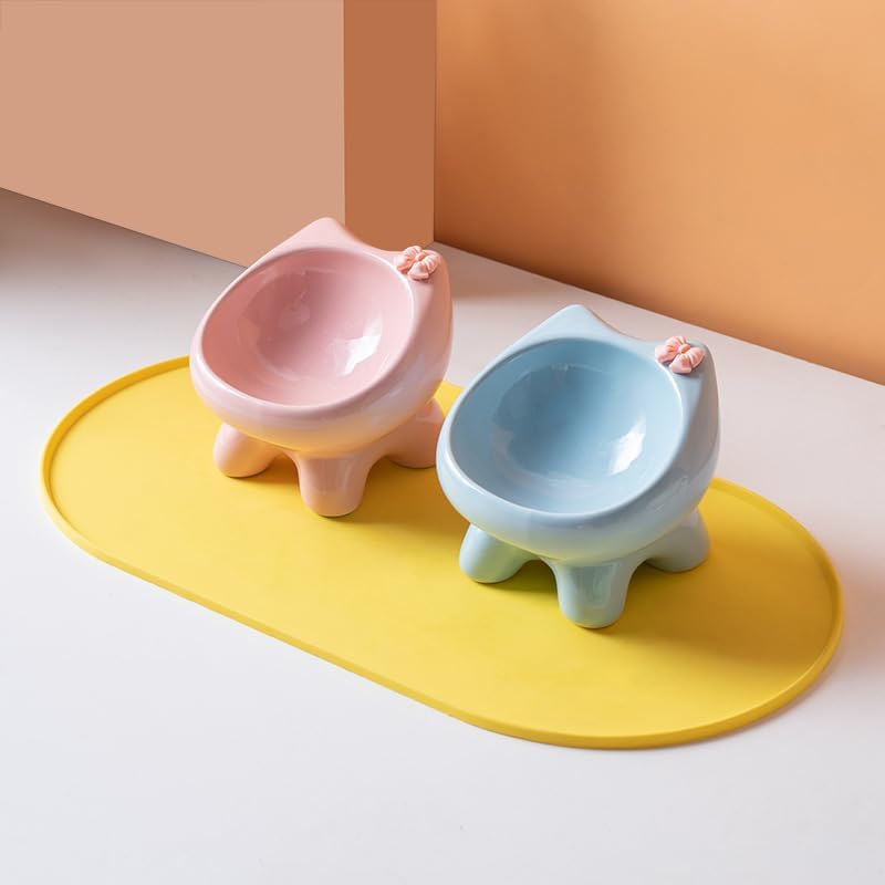 Cute Cat Food and Water Bowl Two Piece Set Pet Utensils Handmade Ceramic Tall Bowl 2 Color Set Matching (Pink+Blue)