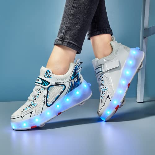 Reslide Outdoor Roller Skate Shoes Unisex Light Up Roller Shoes For Girls Boys Double-Rows 4 Small Wheels Skate Sneakers Roller Skates Shoes Ice Skating Parkour Roller Shoes(1 Us=32 Cn,White Mesh) #TOP3