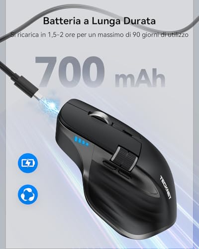 TECKNET Mouse Wireless Bluetooth ad Alte Prestazioni (BT5.0/5.0+2.4G), Rotella di Scorrimento Orizzontale, Scorrimento Rapido, 4800 DPI Mouse Ergonomico Ricaricabile per PC/Tablet/MacOS/Windows, Nero - Immagine 3