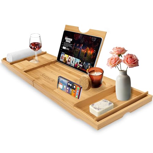SereneLife 2-in 1 Ablage als Badewannenablage & Betttisch – Klappbares Badewannentablett Länge & Höhe Verstellbar – Wasserdichtes Betttablett für Bett & Badewanne – Robustes Sofa Tablett aus Bambus