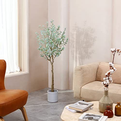 Soguyi 5Ft Artificial Eucalyptus Tree, Fake Eucalyptus Tree With White Silver Dollar Leaves, Silk Faux Eucalyptus Tree With Plastic Nursery Pot, Artificial Plants For Home Office Indoor Decor,1 Pack #TOP7