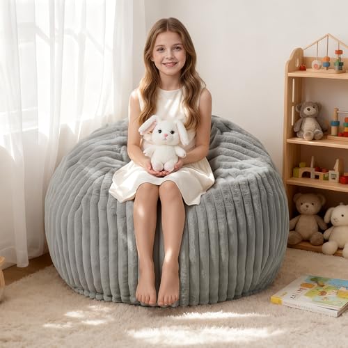 Image of HABUTWAY 2FT Bean Bag Chair, 2' Bean Bag Chairs with Memory Foam Filled, Small Comfy Beanbag Chair with Stripe Plush Cover for Living Room Bedroom Dorm,Grey