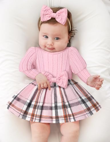 KANGKANG Baby Girl Outfits, Bubble Long Sleeve Romper Plaid Dresses + Socks + Headband Baby Girl Fall Winter Outfits2
