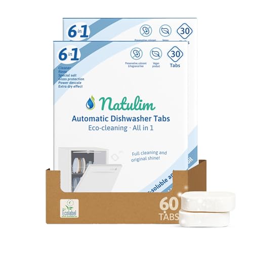 Natulim Tabletki do zmywarki, 60 sztuk, rozpuszczalne w wodzie i biodegradowalne tabletki do zmywarek, formuła 6 w 1, głębokie czyszczenie, ochrona szkła, funkcja soli, bez plastiku (2 sztuki)